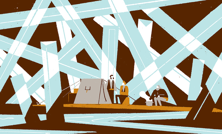 campement au fond de la grotte entouré de cristaux géants.